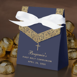 Boy First Communion Navy Blue Vintage Gold Roses Favour Box