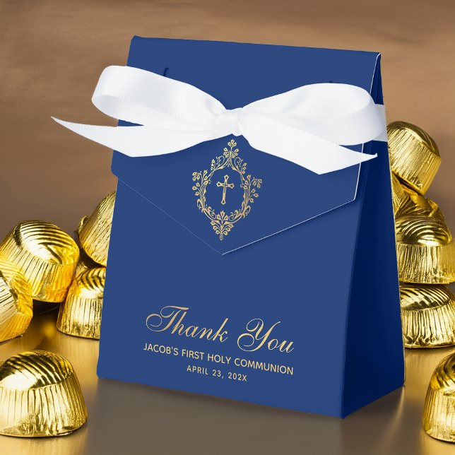 Boy First Communion Royal Blue Faux Gold Crest Favour Box (Creator Uploaded)