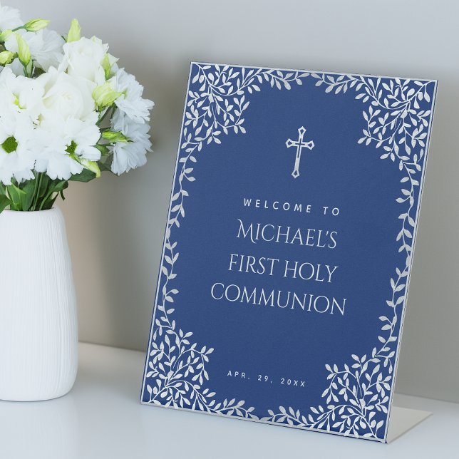 Boy First Communion Royal Blue Leaves Welcome  Pedestal Sign (Creator Uploaded)