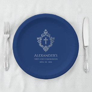 Boy First Communion Royal Blue Vintage Crest Cross Paper Plate