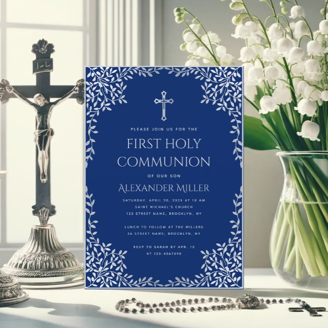 Boy First Communion Royal Blue Vintage Leaves  Invitation (Creator Uploaded)