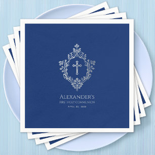 Boy First Communion Vintage Crest Cross Royal Blue Napkin