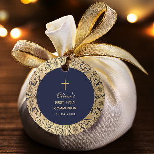 Boy First Communion Vintage Navy Blue Gold Roses Favour Tags