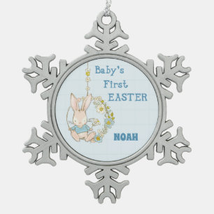 Boy First Easter Bunny on Flower Swing Snowflake Pewter Christmas Ornament