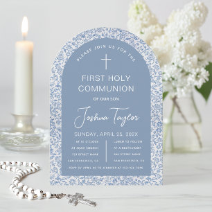 Boy First Holy Communion Blue Arch Floral Pattern Invitation
