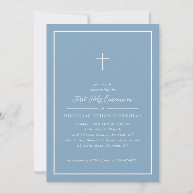 Boy First Holy Communion Blue Cross Simple Frame Invitation (Front)
