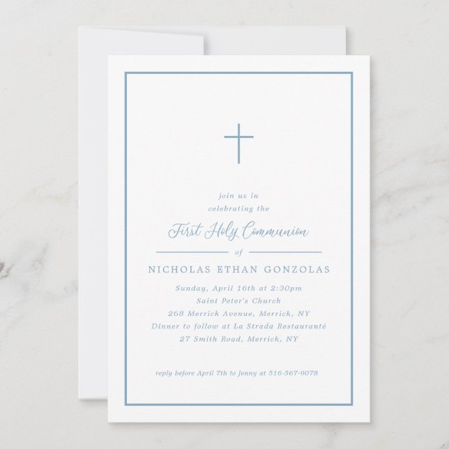 Boy First Holy Communion Blue Cross Simple Frame Invitation (Front)