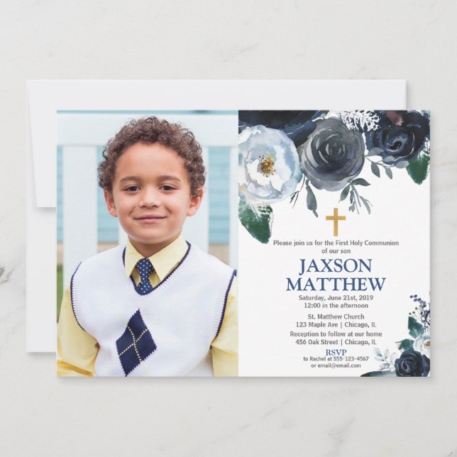 Boy First Holy Communion blue floral photo Invitation (Front)