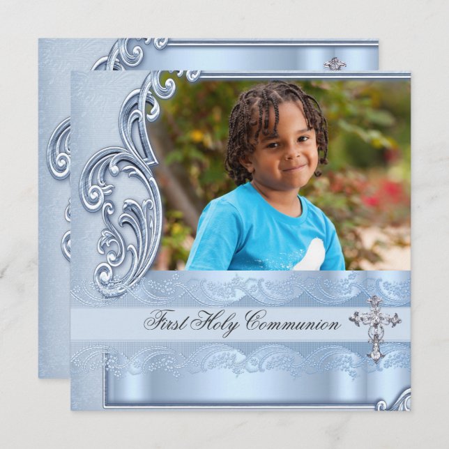 Boy First Holy Communion Blue Photo Confirmation Invitation (Front/Back)