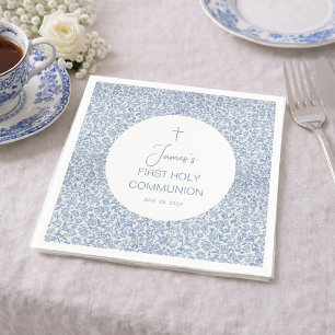 Boy First Holy Communion Blue White Floral Pattern Napkin