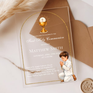 Boy First Holy Communion Gold Boho Arch & Chalice Acrylic Invitations