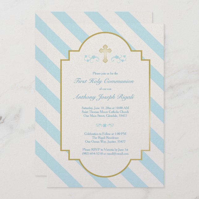 Boy First Holy Communion Invitation Blue Stripes (Front/Back)