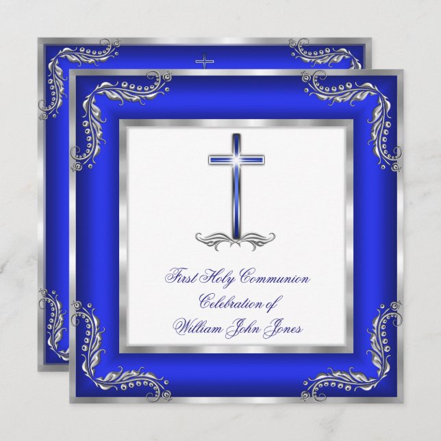 Boy First Holy Communion Royal Blue Silver White Invitation (Front/Back)