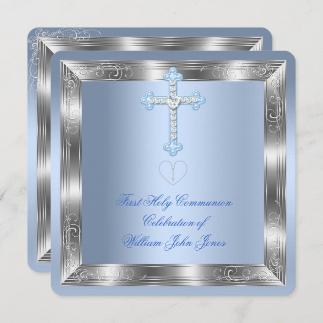 Boy First Holy Communion Silver Blue 2a Invitation (Front/Back)