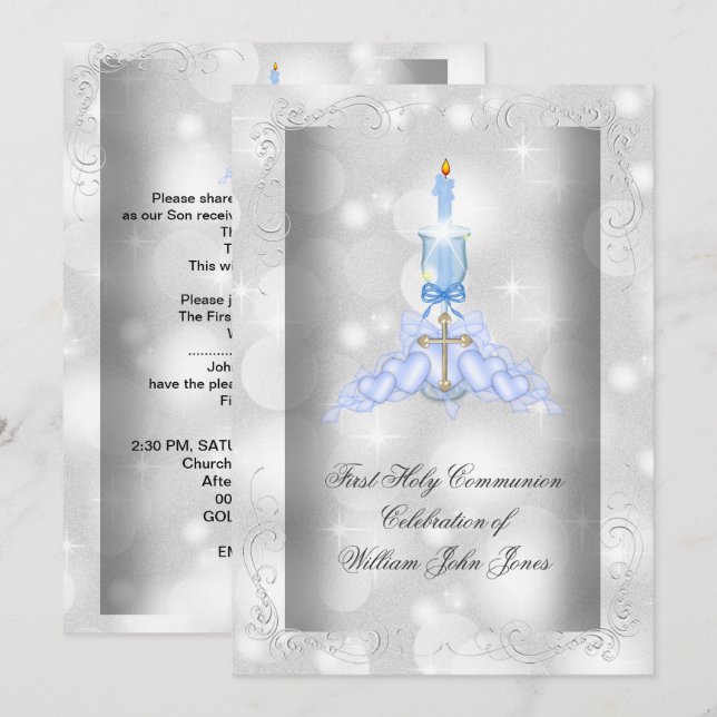 Boy First Holy Communion Silver Blue Boys Invitation (Front/Back)