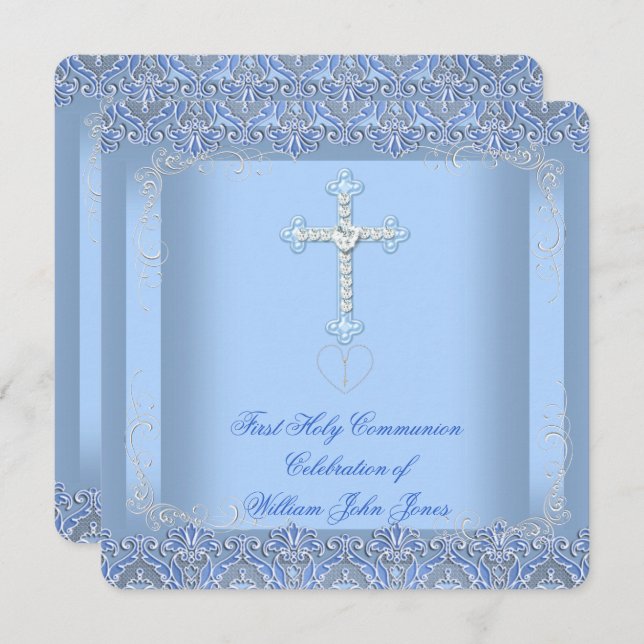 Boy First Holy Communion Silver Blue Invitation (Front/Back)