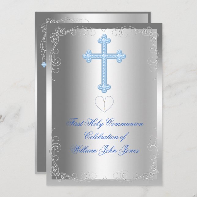 Boy First Holy Communion Silver Blue Invitation (Front/Back)