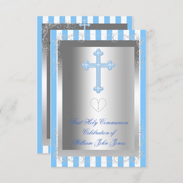 Boy First Holy Communion Silver Blue Stripe Invitation (Front/Back)