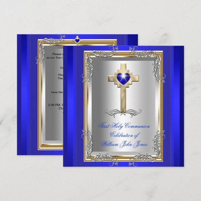Boy First Holy Communion Silver Gold Royal Blue 2 Invitation (Front/Back)