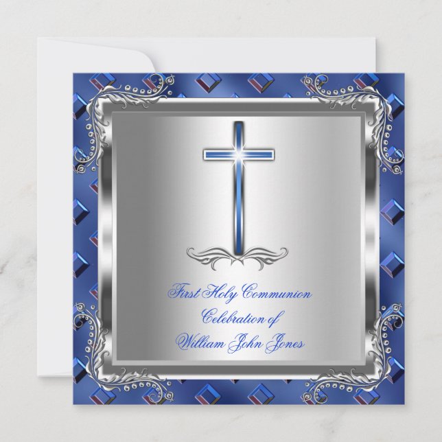Boy First Holy Communion Silver Royal Blue 3a Invitation (Front)