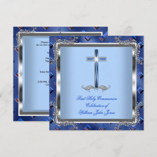 Boy First Holy Communion Silver Royal Blue 4 Invitation