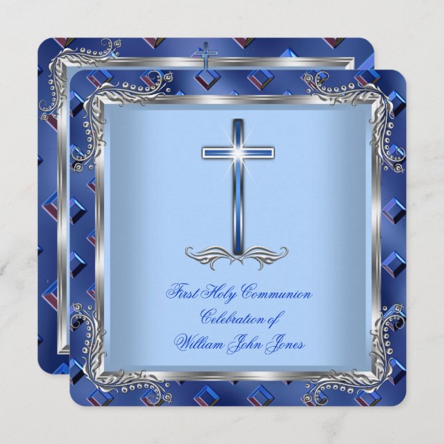Boy First Holy Communion Silver Royal Blue 4B Invitation (Front/Back)