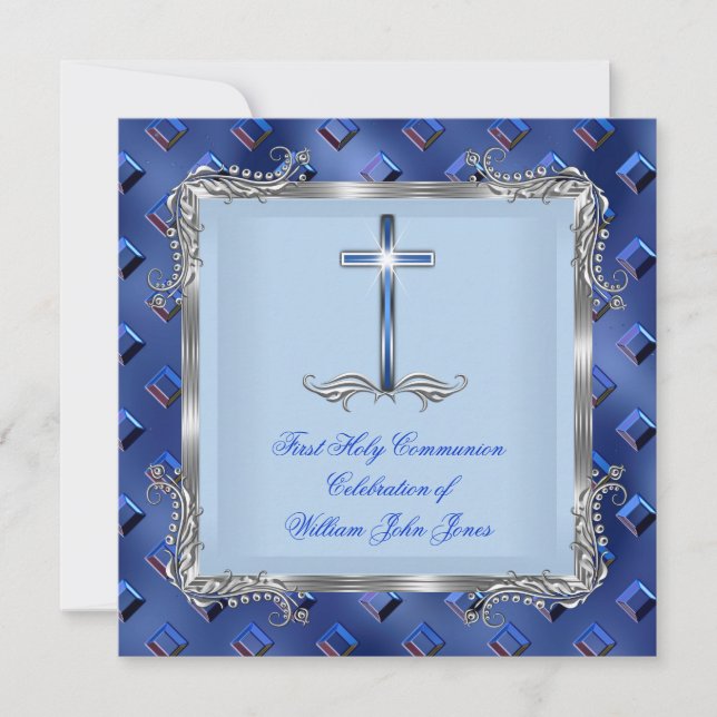 Boy First Holy Communion Silver Royal Blue 4C Invitation (Front)