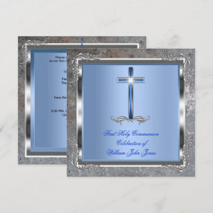 Boy First Holy Communion Silver Royal Blue 4M Invitation
