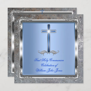 Boy First Holy Communion Silver Royal Blue 4M Invitation