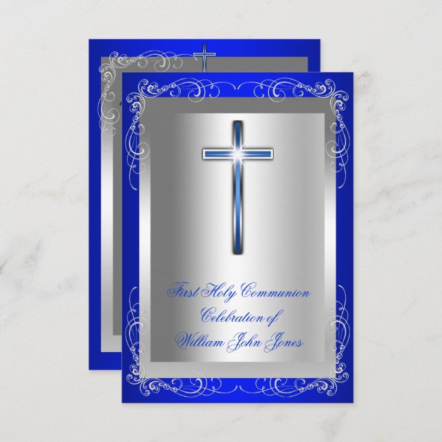 Boy First Holy Communion Silver Royal Blue Invitation (Front/Back)