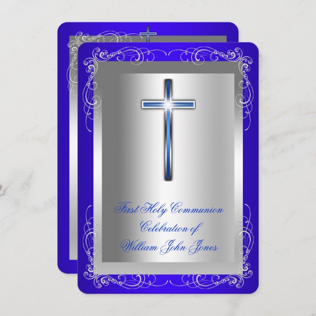 Boy First Holy Communion Silver Royal Blue Rounded Invitation (Front/Back)