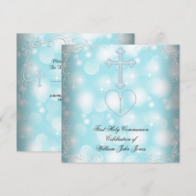Boy First Holy Communion White Blue Invitation (Front/Back)