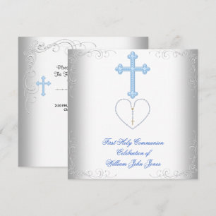 Boy First Holy Communion White Blue Invitation