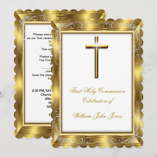 Boy First Holy Communion White Gold Cross 3 Invitation (Front/Back)