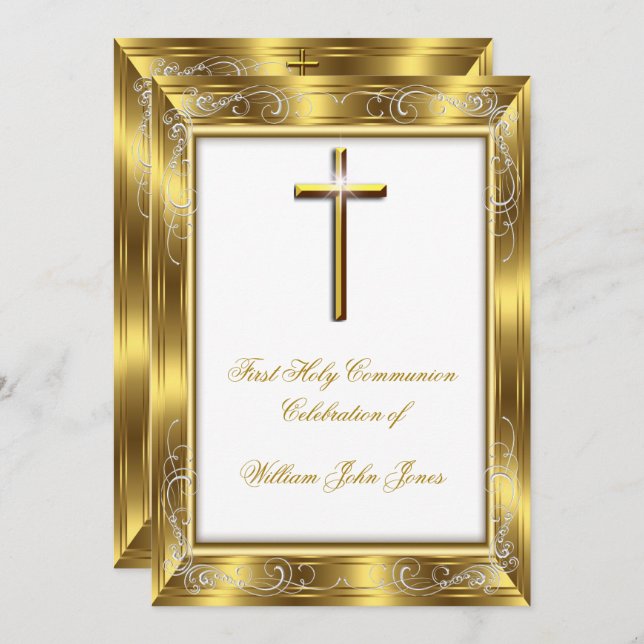 Boy First Holy Communion White Gold Cross 3 Invitation (Front/Back)