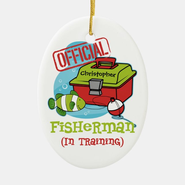 Boy Fisherman In Training Ceramic Tree Decoration (Front)