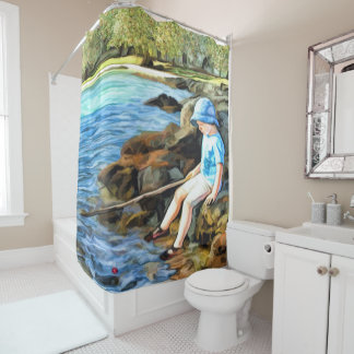 Boy fishing in a river shower curtain