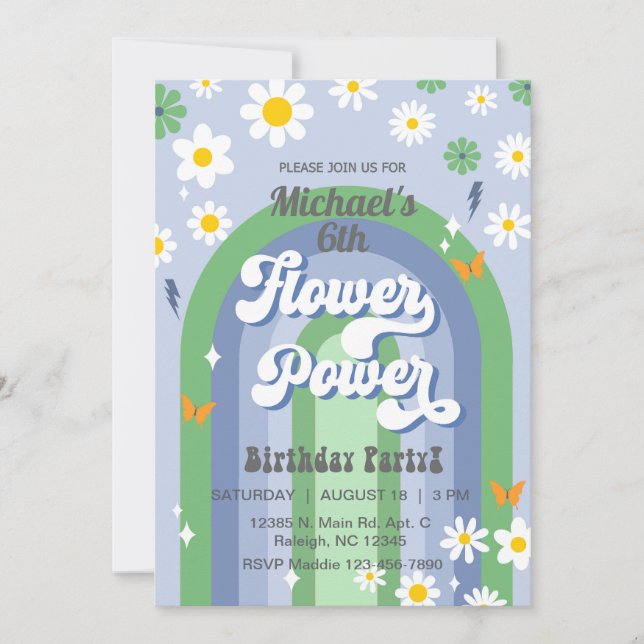 Boy Flower Power Birthday Invitation, Invite. Invitation (Front)