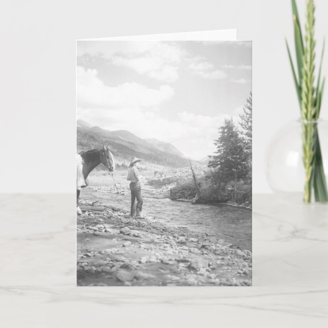 Boy fly fishing in a creek card (Front)