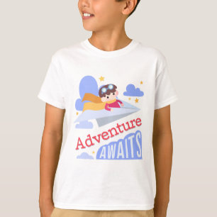 Boy Flying Paper Aeroplane Adventure Awaits T-Shirt