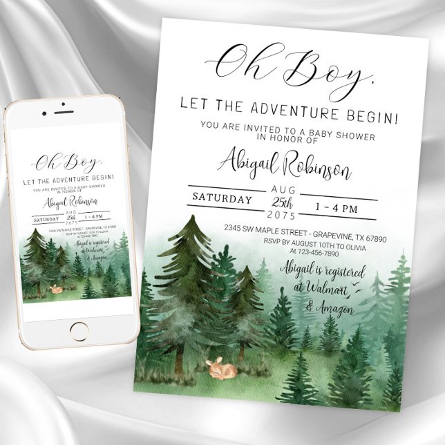 Boy Fox Woodland Oh Boy Baby Shower Invitation (Boy deer baby shower invitation. Instant download and printed invitations available.)
