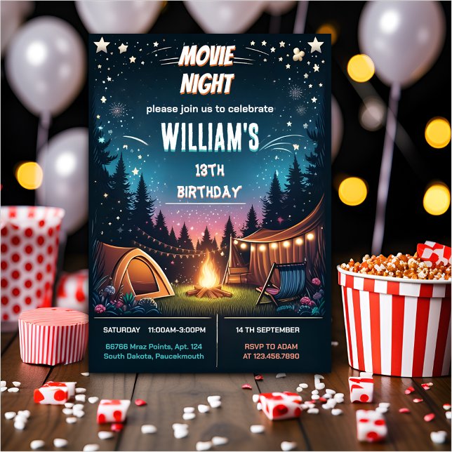 boy fun Camping Popcorn Movie Night 13th birthday Invitation (Creator Uploaded)