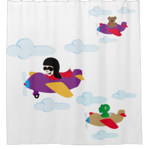 Boy, funny bear and dino flying by planes shower curtain