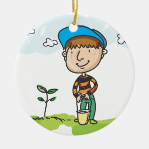 Boy gardening, tree planting ceramic tree decoration