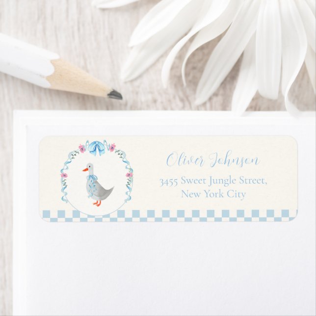 Boy Gingham Silly Goose Baby Shower Return Address (Insitu)