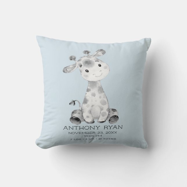 Boy Giraffe Baby Birth Stats Pillow (Front)