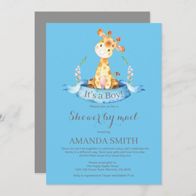 Boy Giraffe Baby Shower by Mail Invitation (Front/Back)