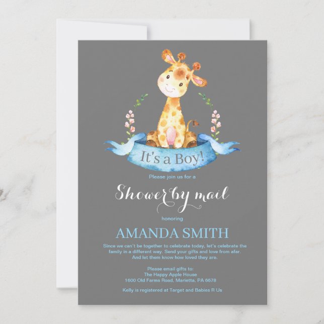 Boy Giraffe Baby Shower by Mail Invitation (Front)