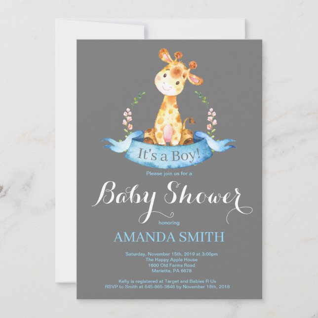 Boy Giraffe Baby Shower Invitation Blue and Grey (Front)