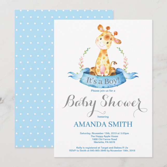 Boy Giraffe Baby Shower Invitation Blue and Grey (Front/Back)